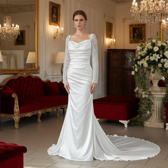 Zweiteiliges Standesamtkleid mit Perlenärmeln – Modell G8140 in Weiß – Ansicht 1 | Lamia Mode