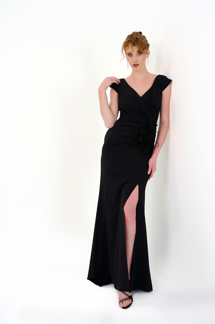 Elegantes Abendkleid mit Drapierung & Beinschlitz in Blau – Ansicht 3 | Lamia Mode