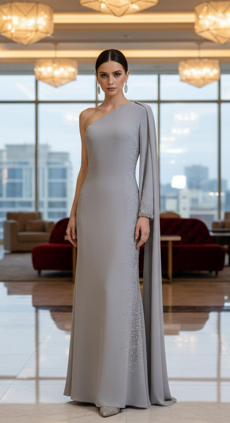 Elegantes One-Shoulder-Abendkleid mit Strassdetails – C4955 in Grau – Ansicht 1 | Lamia Mode