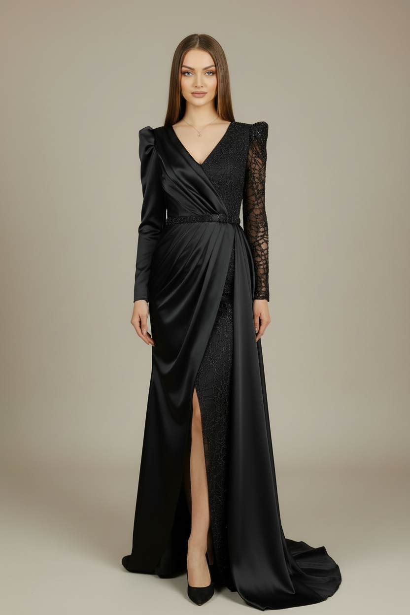 Abendkleid FM6558 – Satin und figurbetonte Passform in Schwarz – Ansicht 2 | Lamia Mode