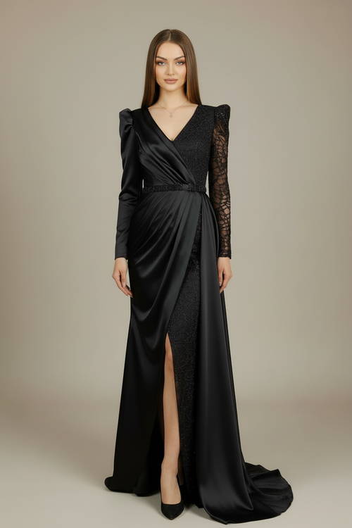 Abendkleid FM6558 – Satin und figurbetonte Passform in Schwarz – Ansicht 2 | Lamia Mode