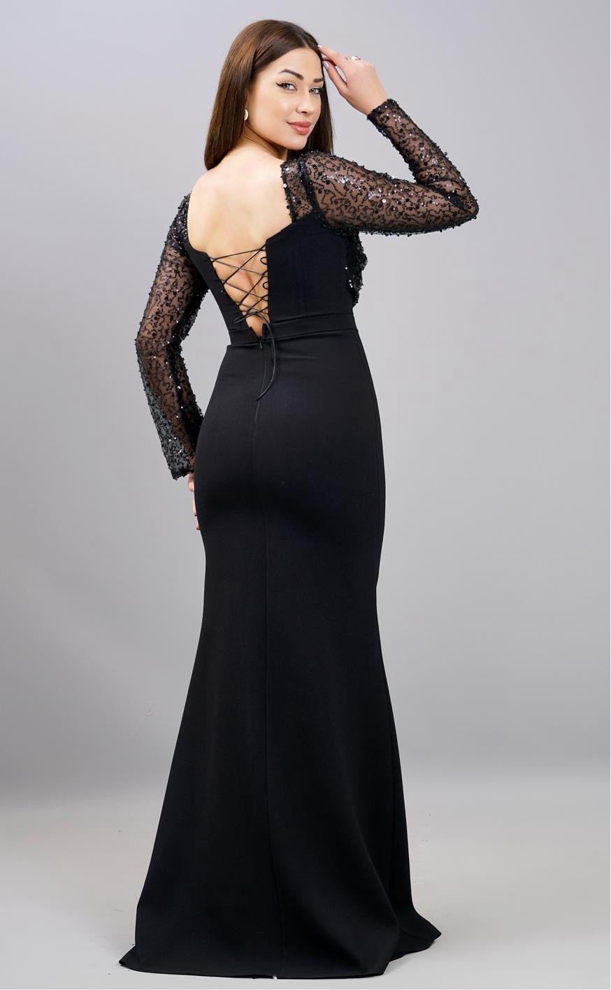 Abendkleid mit Perlenärmeln – Modell M361 in Schwarz – Ansicht 3 | Lamia Mode