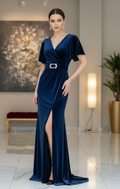 Elegantes Abendkleid mit Fledermausärmeln & Schmuckgürtel – C5727 in Blau – Ansicht 2 | Lamia Mode