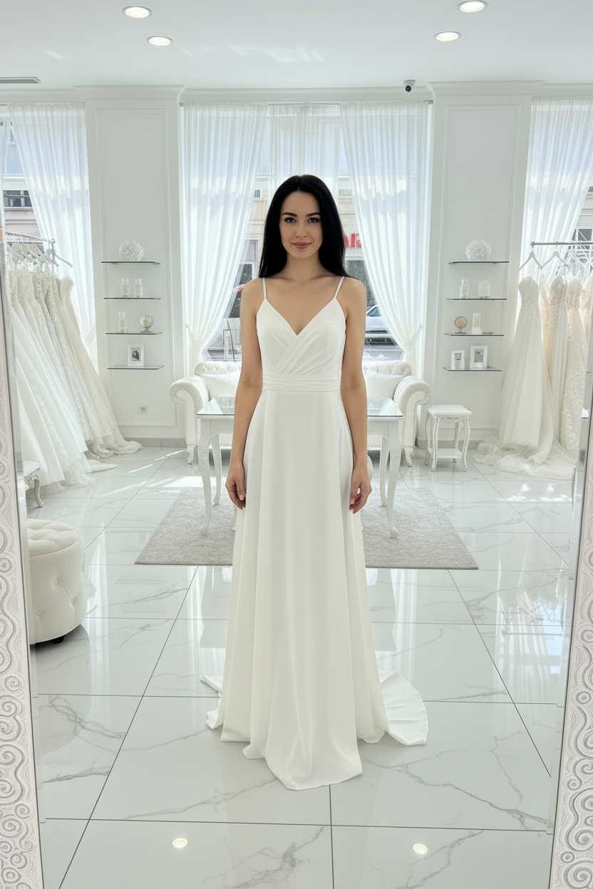 Standesamtkleid M338 – figurbetonte Passform und fließende Silhouette in Creme – Ansicht 1 | Lamia Mode