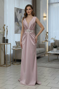 Elegantes Abendkleid mit Drapierung & Schmuckgürtel in Puder – Ansicht 1 | Lamia Mode