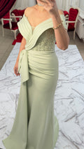 Elegantes Off-Shoulder Abendkleid mit Drapierung C2137 in Cappuccino – Ansicht 4 | Lamia Mode
