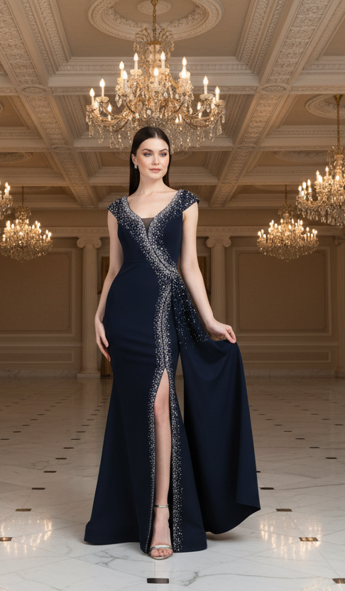 Abendkleid Elegantes Abendkleid mit Beinschlitz & Schmuckapplikation – C5914 in Blau – Ansicht 1 | Lamia Mode