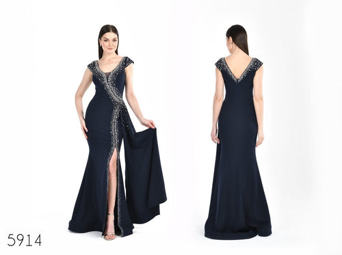 Abendkleid Elegantes Abendkleid mit Beinschlitz & Schmuckapplikation – C5914 in Blau – Ansicht 2 | Lamia Mode