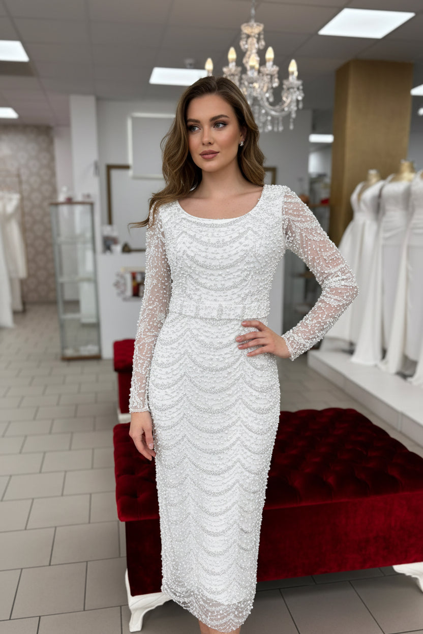 Standesamtkleid mit Perlenstickerei, 3/4-Länge – Modell R7532 in weiss-7 – Ansicht 1 | Lamia Mode