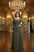 Abendkleid mit Paillettenärmeln & Drapierung – Modell G8520 in Khaki – Ansicht 1 | Lamia Mode