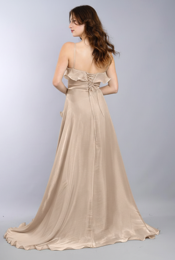 Abendkleid M291 – Organza und Beinschlitz in Nerz – Ansicht 3 | Lamia Mode