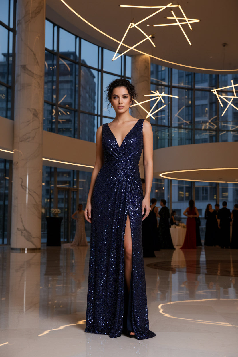 Abendkleid M162 – Prinzessinnen-Silhouette und Beinschlitz in Dunkelblau – Ansicht 2 | Lamia Mode