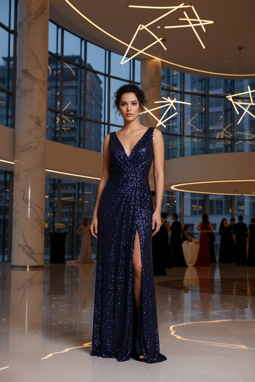 Abendkleid M162 – Prinzessinnen-Silhouette und Beinschlitz in Dunkelblau – Ansicht 2 | Lamia Mode
