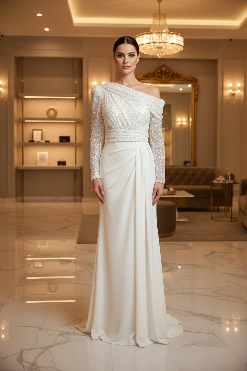 Standesamtkleid A231 – figurbetonte Passform und Off-Shoulder in Creme – Ansicht 1 | Lamia Mode