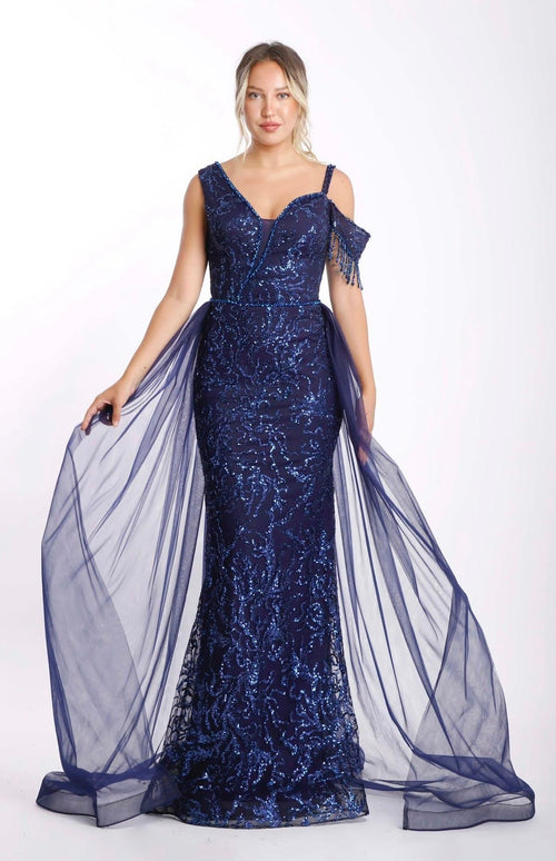 Abendkleid M177 – Tüll und figurbetonte Passform in Dunkelblau – Ansicht 1 | Lamia Mode