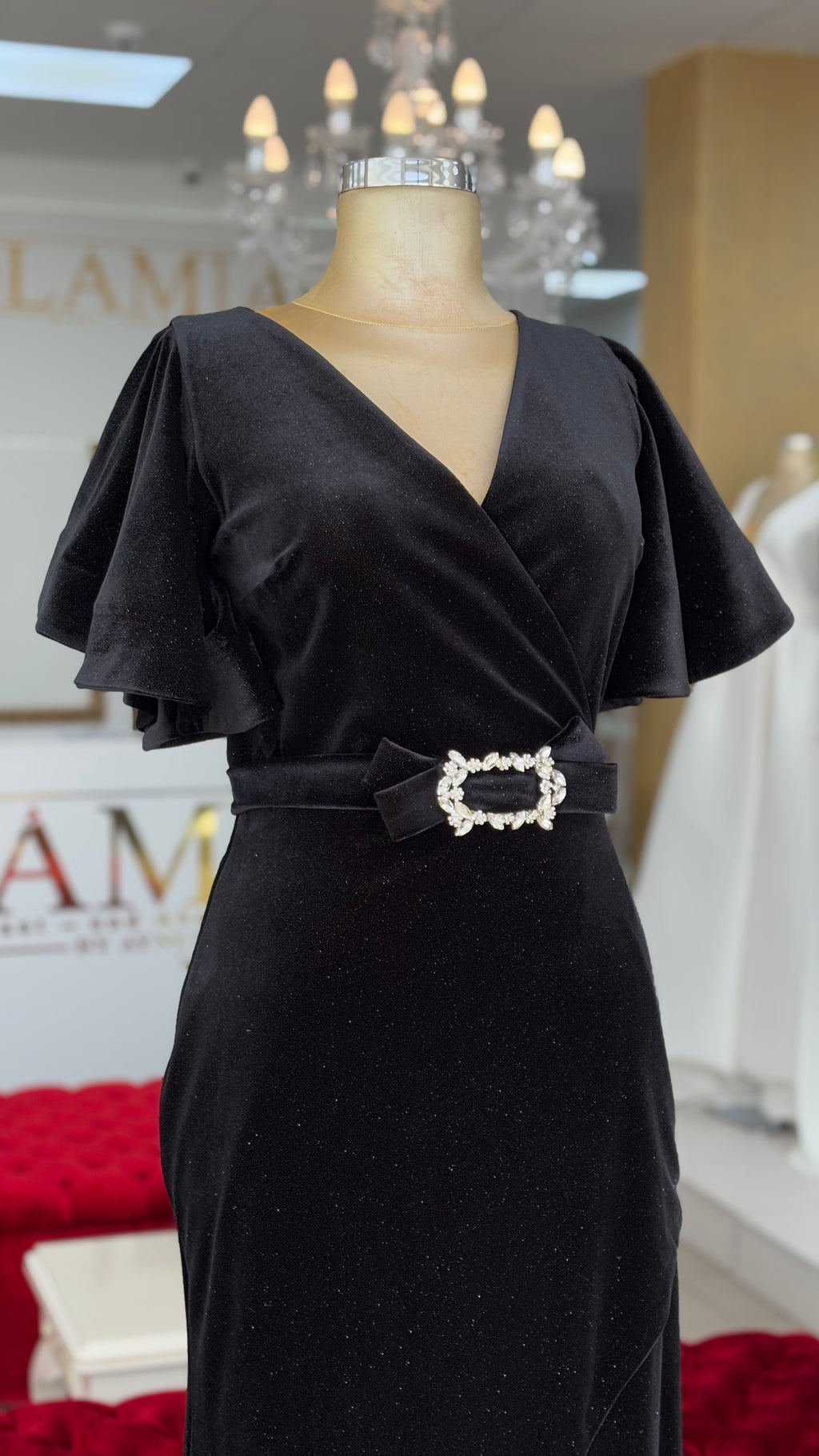 Elegantes Abendkleid mit Fledermausärmeln & Schmuckgürtel – C5727 in Navyblau – Ansicht 4 | Lamia Mode