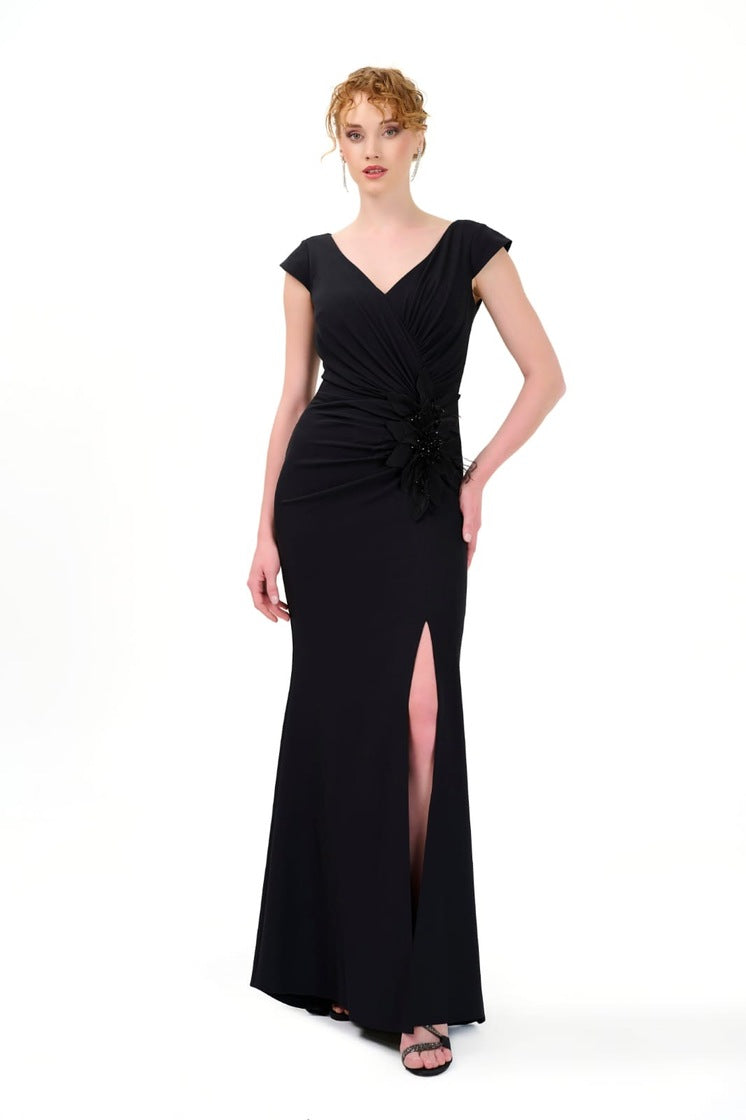 Elegantes Abendkleid mit Drapierung & Beinschlitz in Blau – Ansicht 2 | Lamia Mode