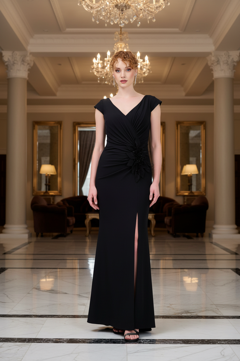 Elegantes Abendkleid mit Drapierung & Beinschlitz in Blau – Ansicht 1 | Lamia Mode