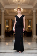 Elegantes Abendkleid mit Drapierung & Beinschlitz in Blau – Ansicht 1 | Lamia Mode