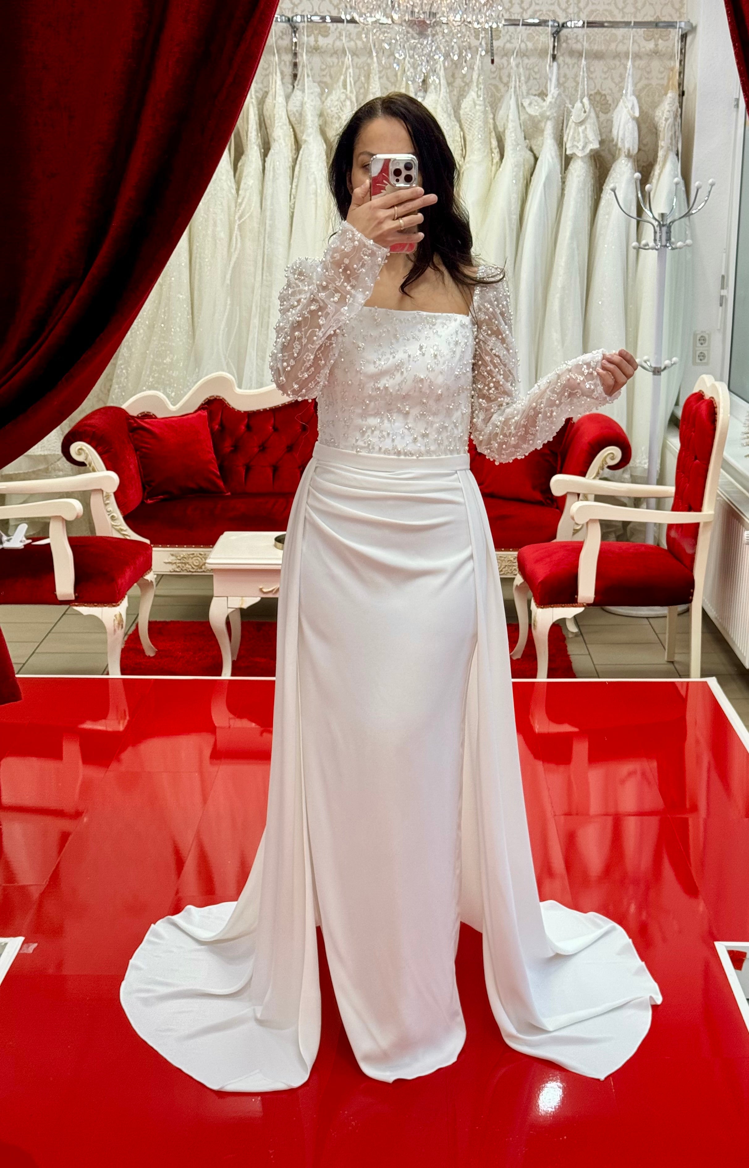 Standesamt- Kleid R7426 in beige – Ansicht 2 | Lamia Mode