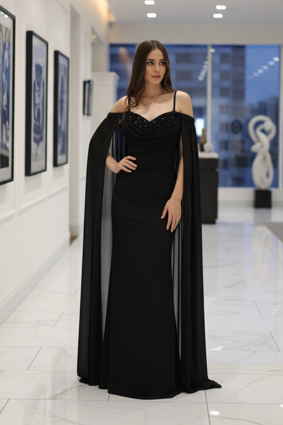 Abendkleid Elegantes Abendkleid mit Chiffon-Cape & Perlendetails – C5997 in Blau – Ansicht 1 | Lamia Mode