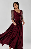 Abendkleid Elegantes Abendkleid mit Drapierung & Perlenärmeln – C5833 in Bordeaux – Ansicht 5 | Lamia Mode