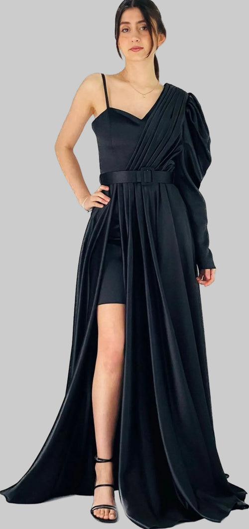 Abendkleid M131 – Satin und Schleppe in Schwarz – Ansicht 2 | Lamia Mode