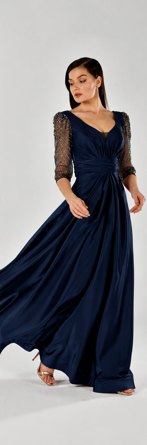 Abendkleid Elegantes Abendkleid mit Drapierung & Perlenärmeln – C5833 in Schwarz – Ansicht 3 | Lamia Mode