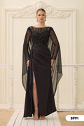 Elegantes Abendkleid mit Paillettenoberteil & Chiffon-Cape / C5991 in blau – Ansicht 1 | Lamia Mode