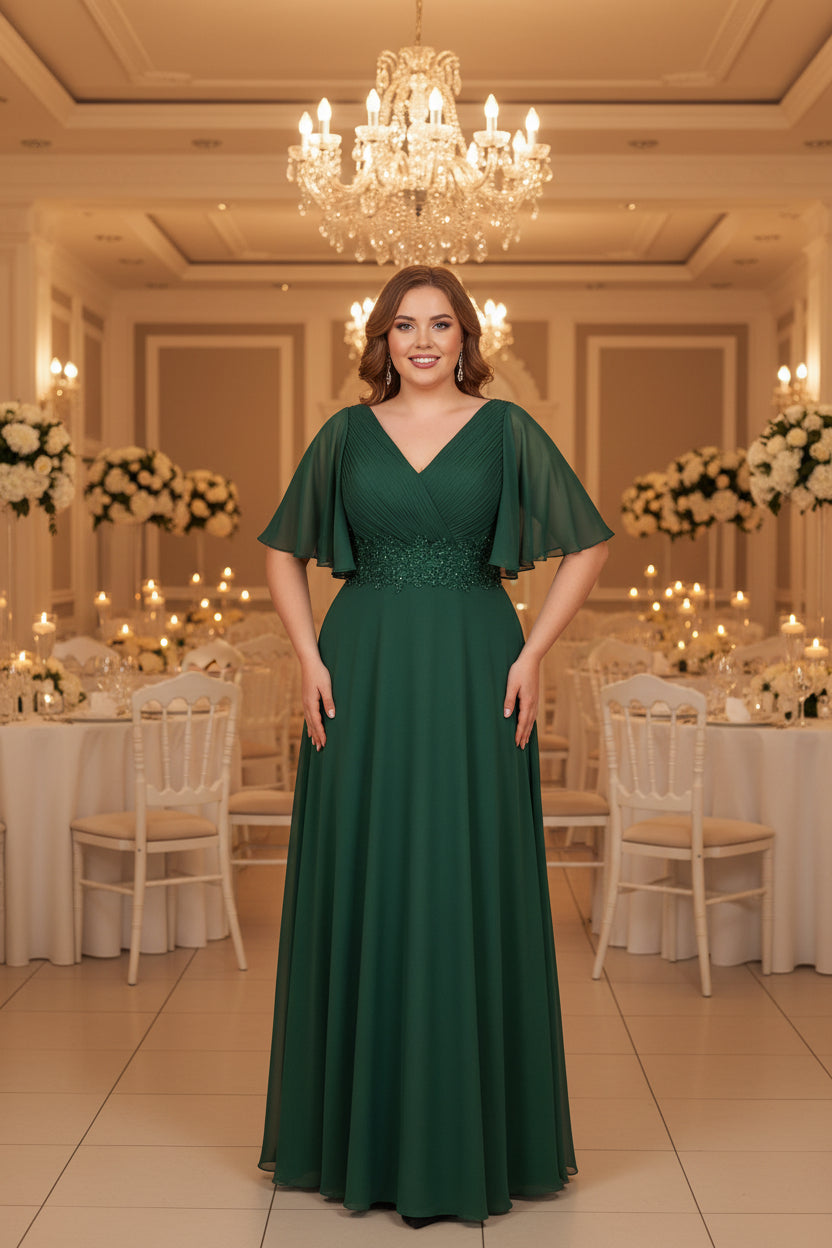 Abendkleid mit Chiffonrock & V-Ausschnitt – Modell FK639 in gruen-1 – Ansicht 2 | Lamia Mode