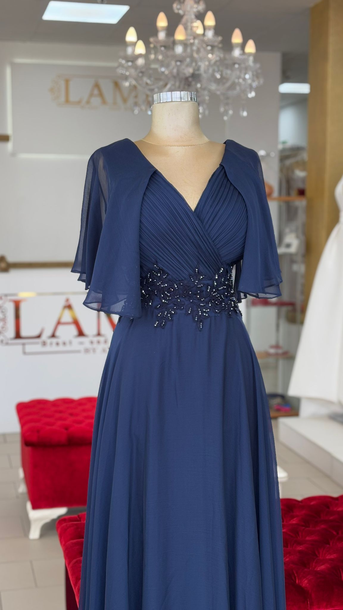 Abendkleid mit Chiffonrock & V-Ausschnitt – Modell FK639 in navyblau – Ansicht 5 | Lamia Mode