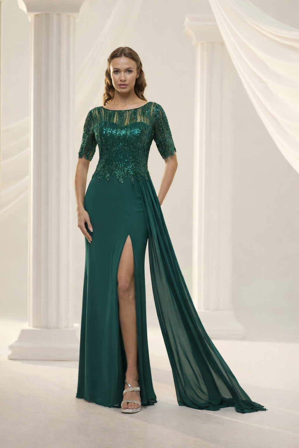 Abendkleid mit Paillettenoberteil & Beinschlitz – Modell FK590 in navyblau – Ansicht 1 | Lamia Mode