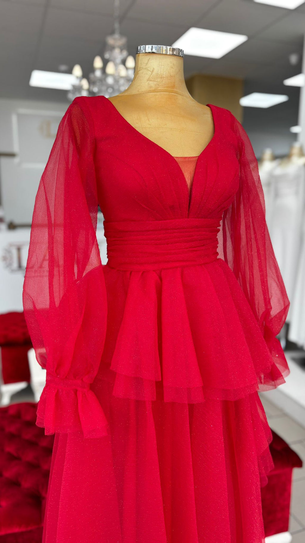 Elegantes Abendkleid mit Volants und Chiffonärmeln / C4916 in rot – Ansicht 8 | Lamia Mode