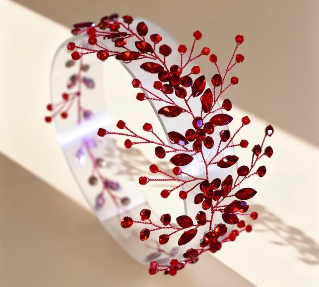 Braut Haarranke Rot – Blätter & Perlenoptik