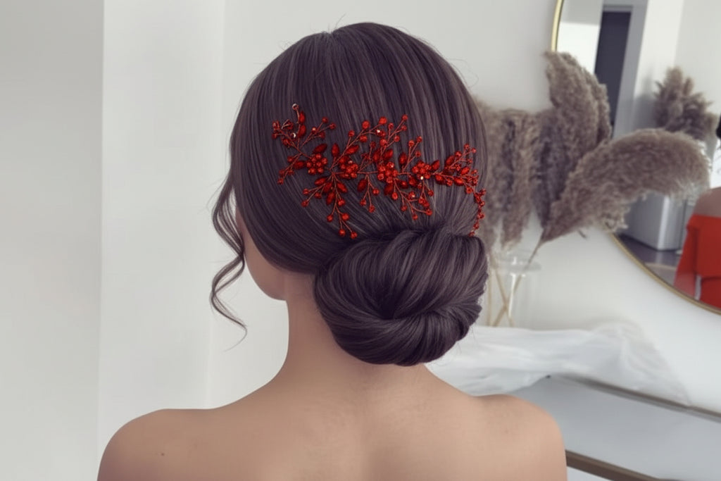 Braut Haarranke Rot – Blätter & Perlenoptik