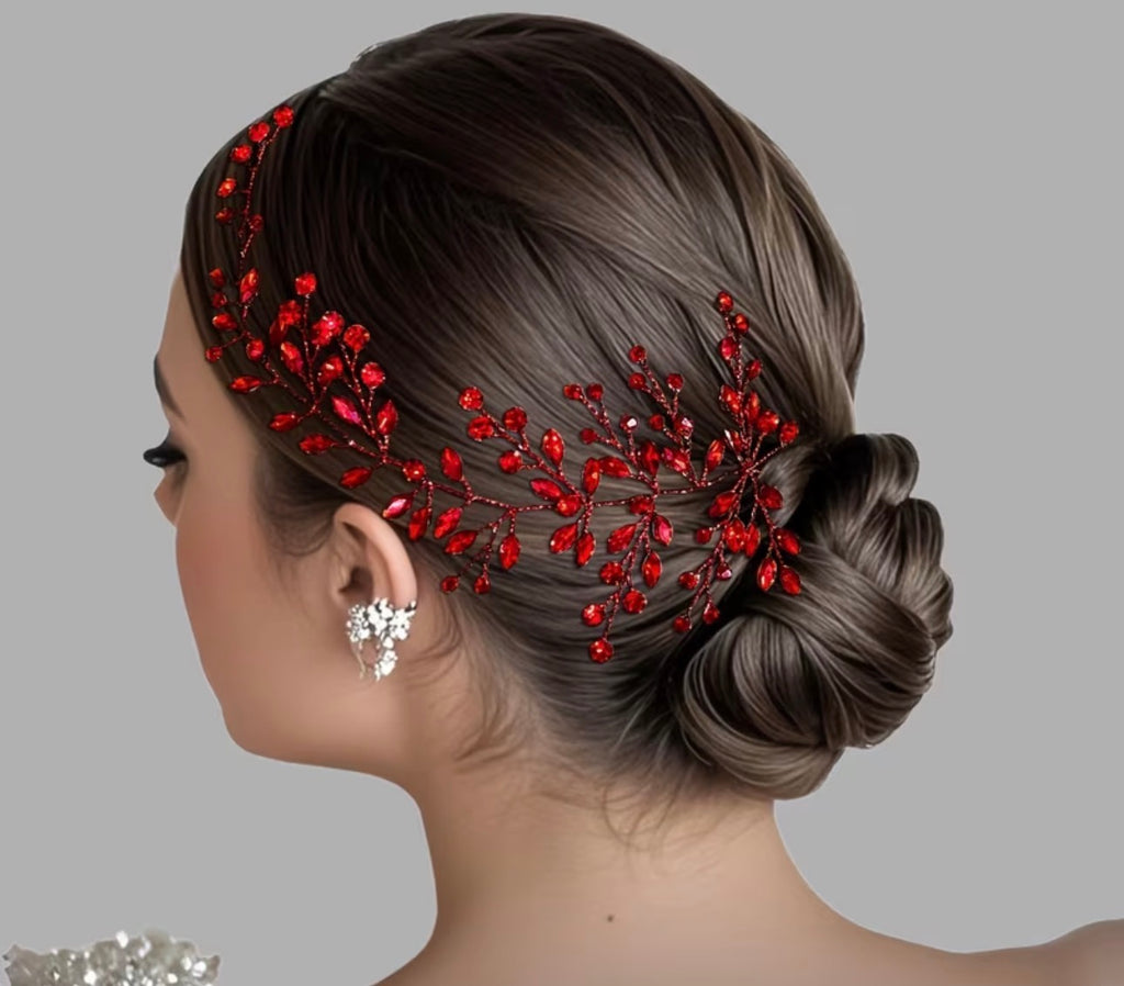 Braut Haarranke Rot – 23 cm Blätter & Kristalle