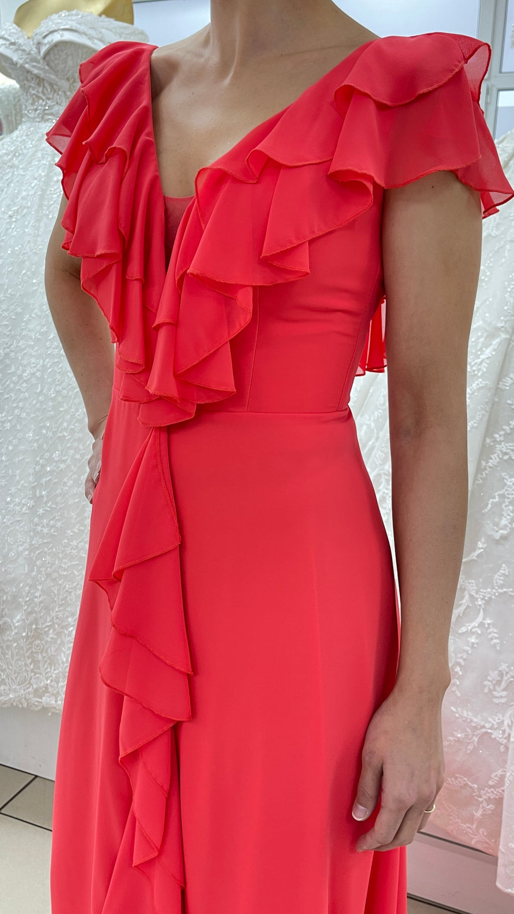 Abendkleid Elegantes Kleid mit Volants und fließender A-Linie – FK3218 in Koralle – Ansicht 3 | Lamia Mode