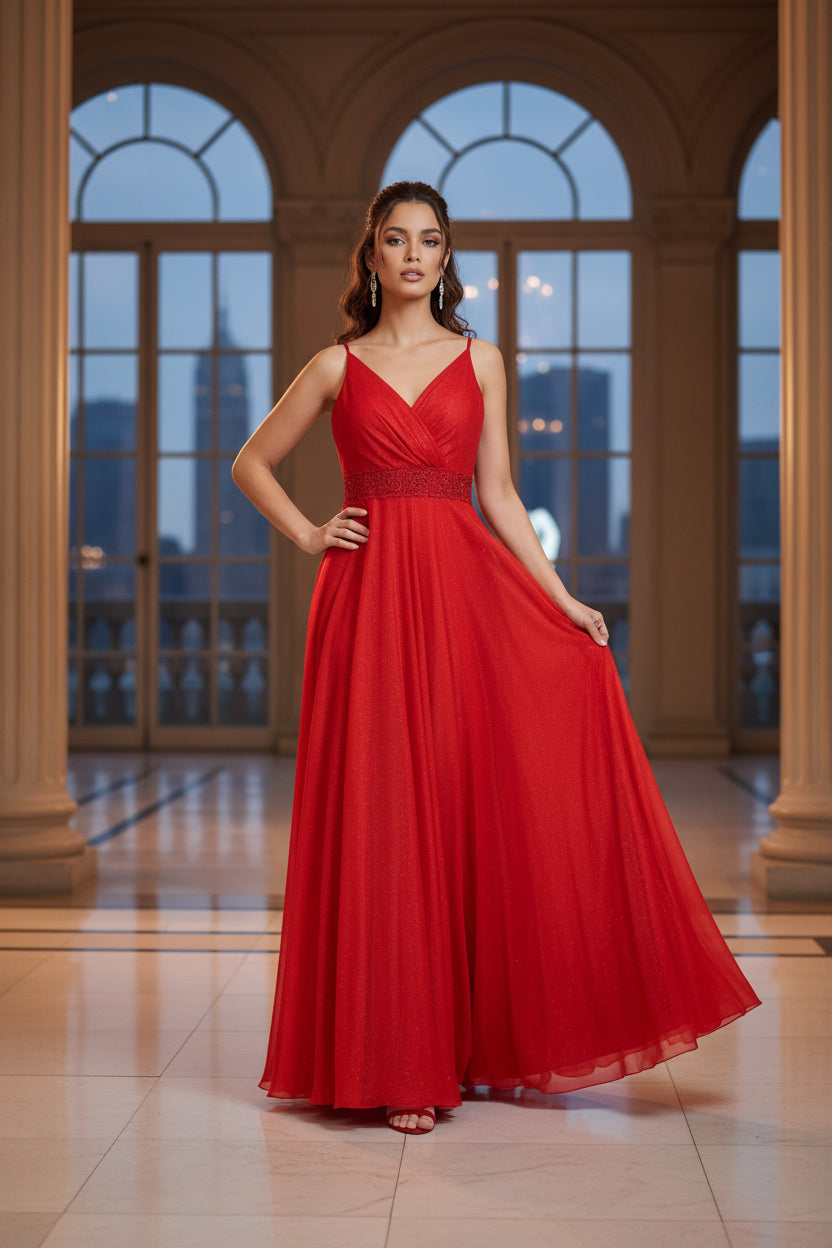 Abendkleid Elegantes Glitzerkleid mit Zierband in der Taille – FK3306 in Tornado-Rot – Ansicht 1 | Lamia Mode