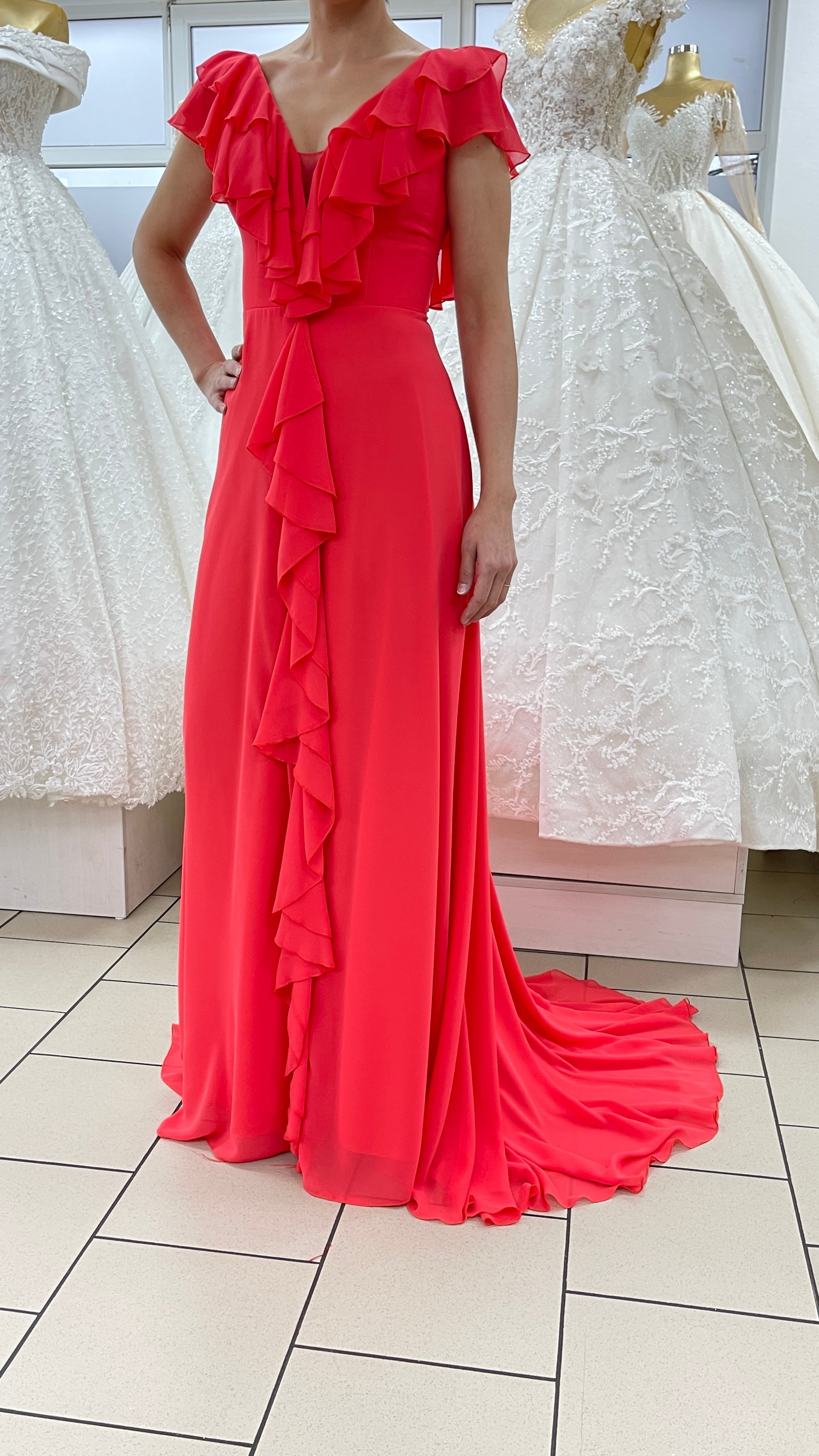 Abendkleid Elegantes Kleid mit Volants und fließender A-Linie – FK3218 in Lachs – Ansicht 4 | Lamia Mode