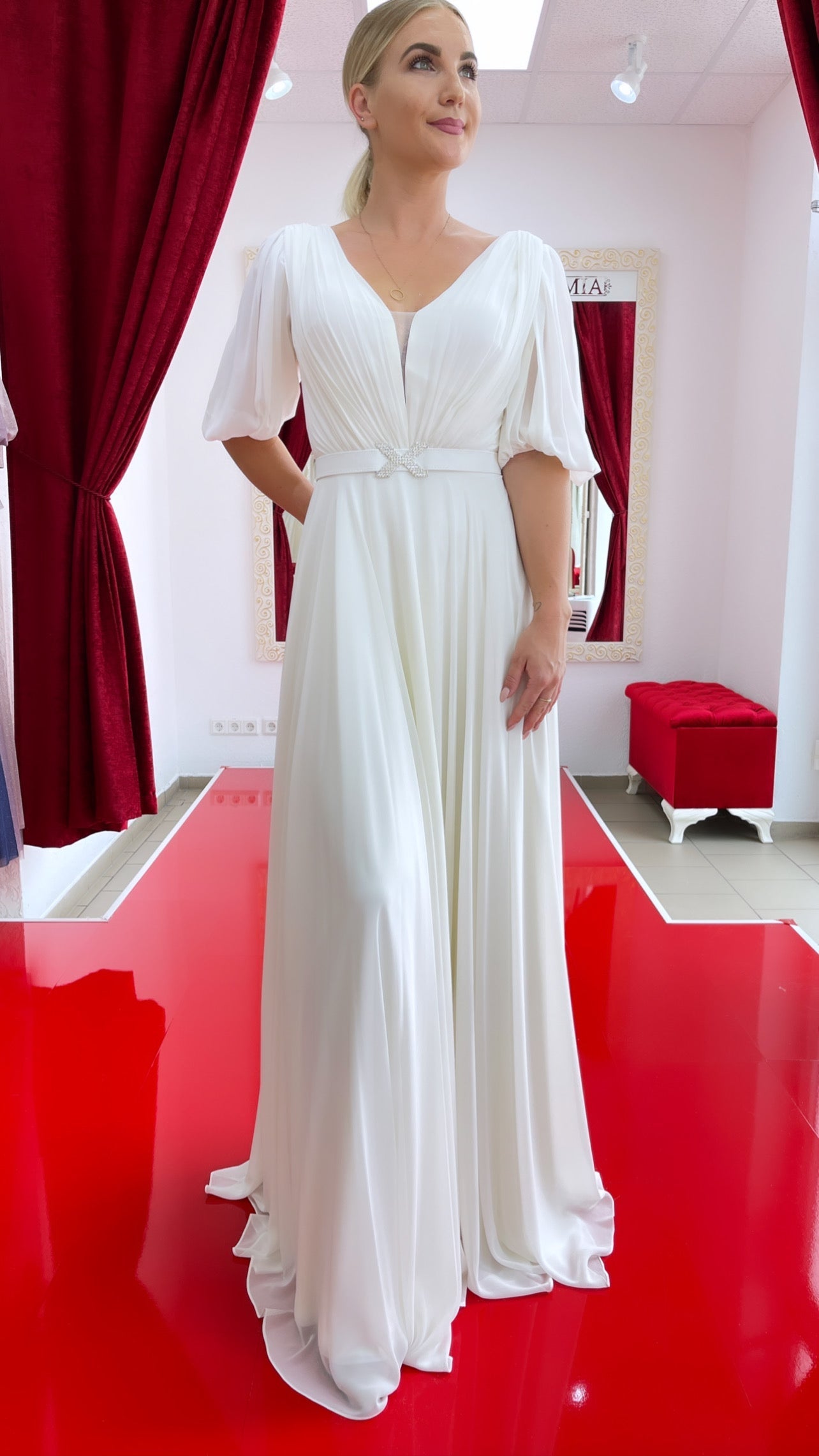 Standesamtkleid C4779 – Chiffon und A-Linie in Elfenbein – Ansicht 1 | Lamia Mode