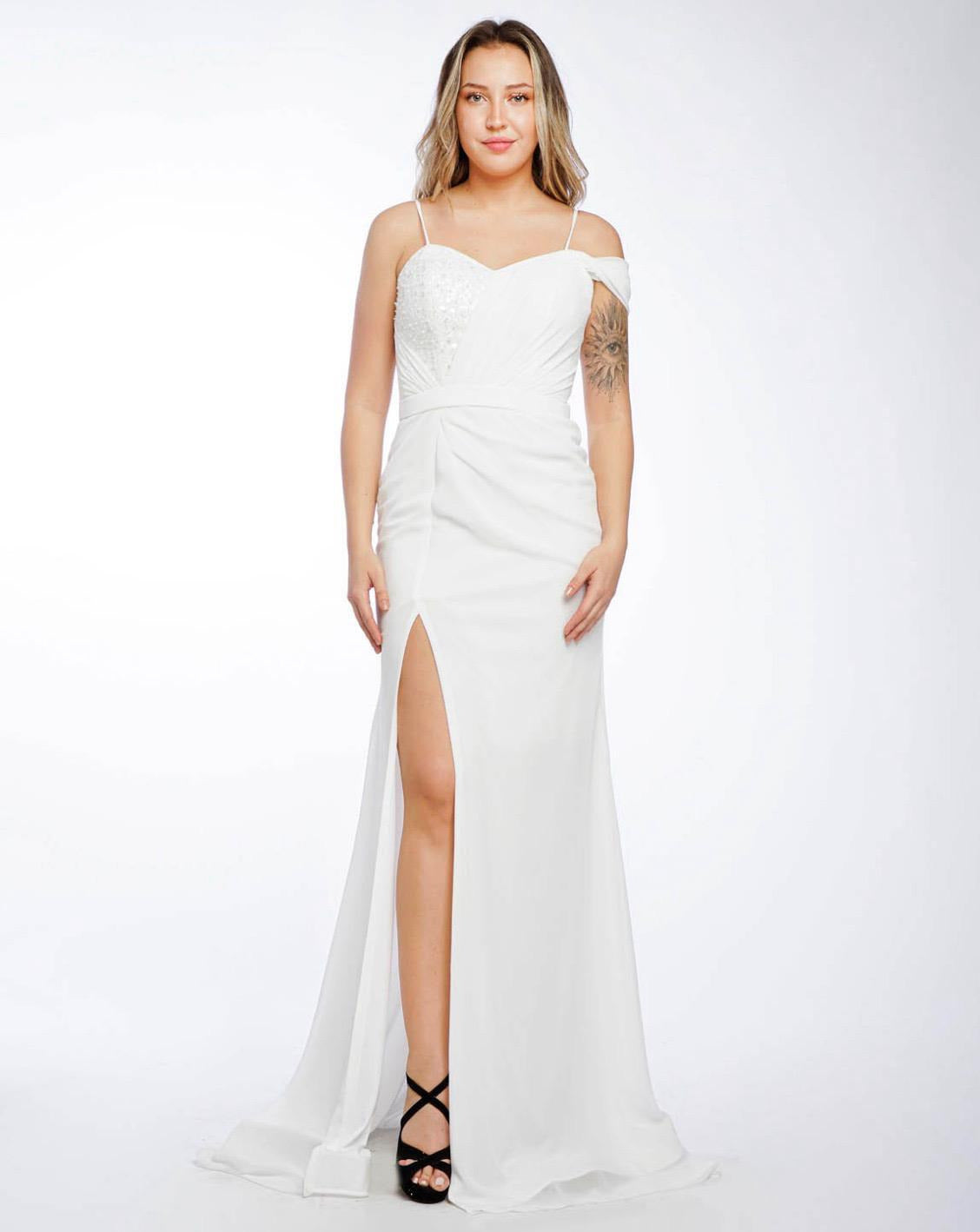 Standesamtkleid M196 – Chiffon und figurbetonte Passform in Weiß – Ansicht 1 | Lamia Mode