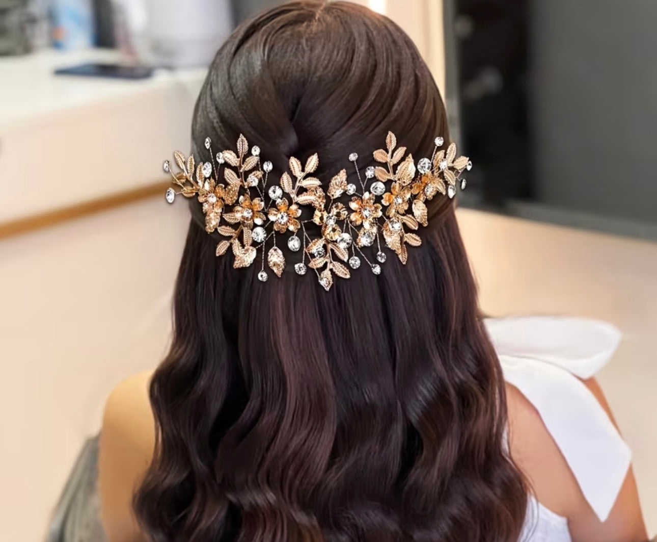 Braut Haarkamm Gold – Blätter & Perlenoptik – Ansicht 2 | Lamia Mode