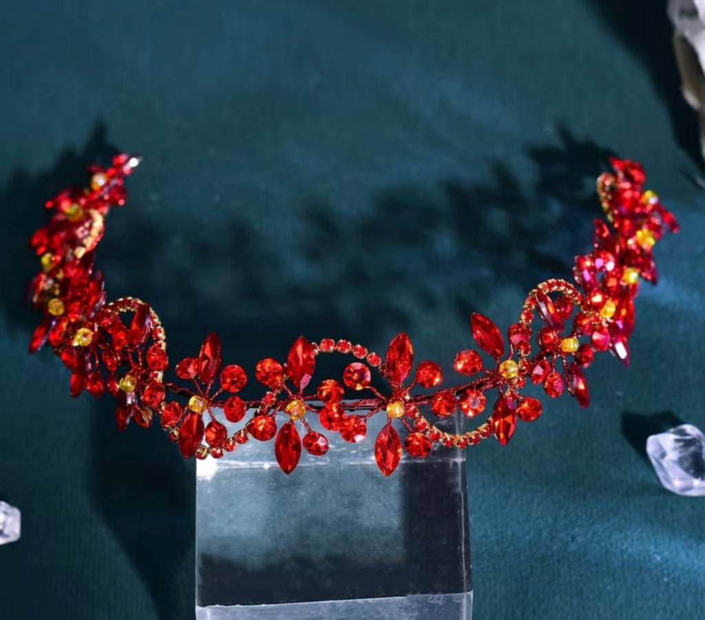 Vintage Braut Haarband Rot – Blüten & Kristalle | Lamia Mode
