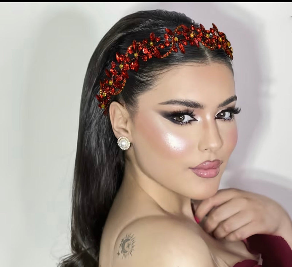 Vintage Braut Haarband Rot – Blüten & Kristalle – Ansicht 2 | Lamia Mode