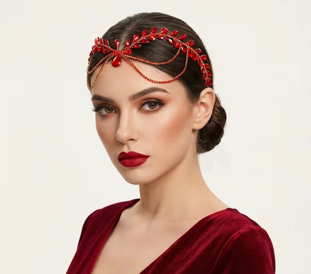 Stirnschmuck Rot – Blätter mit drapierten Strassketten – Ansicht 4 | Lamia Mode