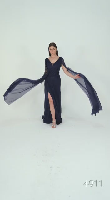 Elegantes Abendkleid mit Drapierung&besticktem Ärmel – C5911